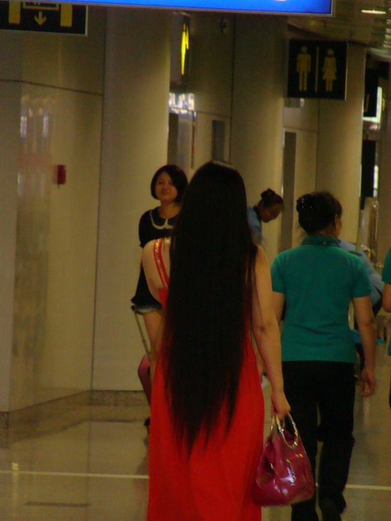 Red skirt and black hair