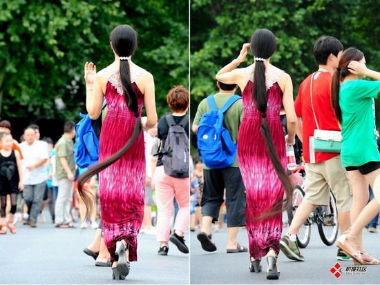 Super long ponytail on street