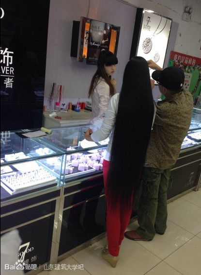 Knee length long hair girl went to university to buy something