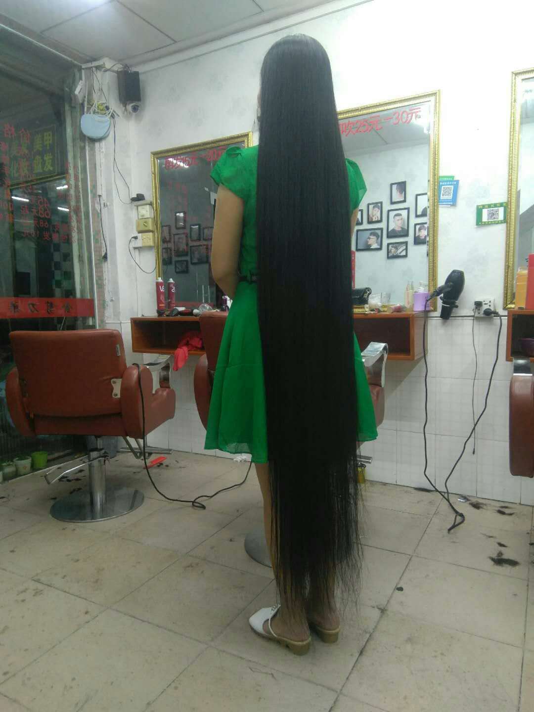 Floor length long hair in hair salon